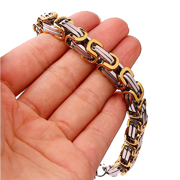 STAINLESS STEEL BYZANTINE MECHANIC SILVER GOLD BIKER BRACELET - Picture 1 of 6